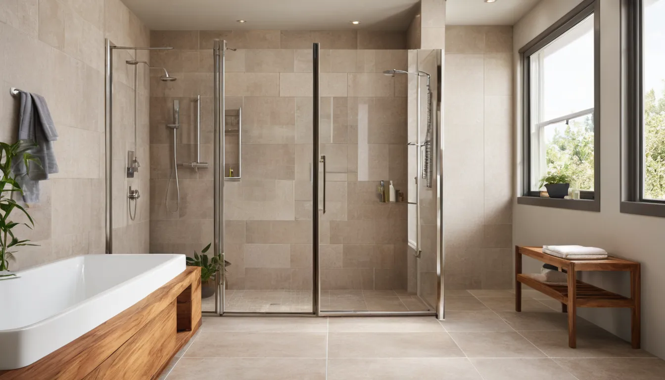 A bright, accessible walk-in shower with a bench and grab bars in a South Fulton home