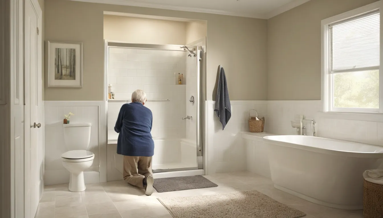 A senior homeowner smiling beside a walk-in tub in a bright bathroom in the South Fulton area